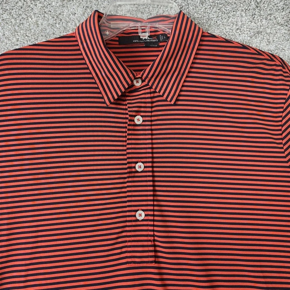 RLX Ralph Lauren Polo Shirt Mens Large Red Navy Striped Stretch Performance Golf